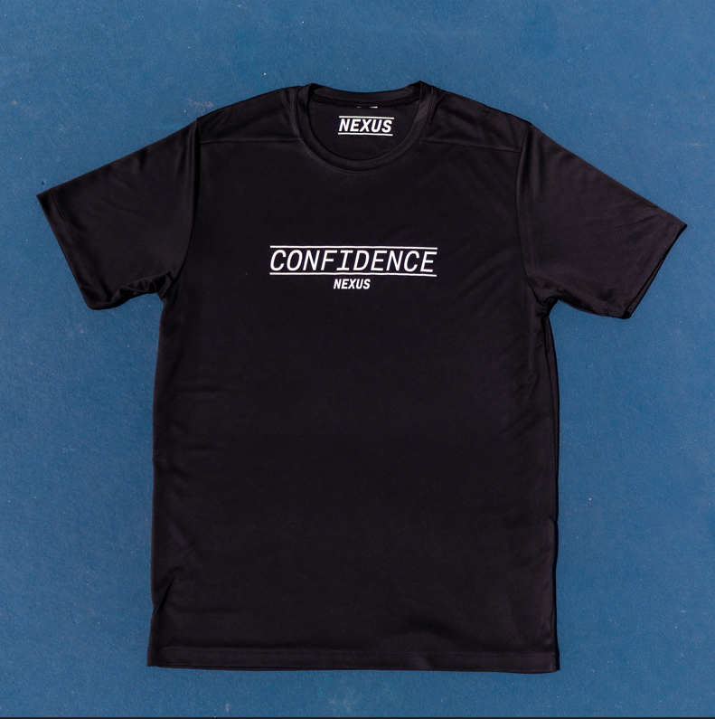 Black t-shirt with 'CONFIDENCE' text on a blue background
