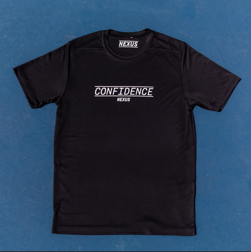 Black t-shirt with 'CONFIDENCE' text on a blue background